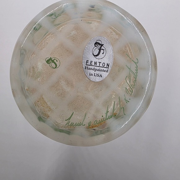 Fenton Handpainted Glass Vase Floral Ruffled Green Rim Collectible - Picture 5 of 5